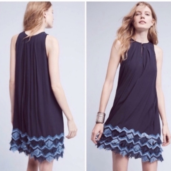 anthropology Maeve Navy Blue Sequin Fringe Fringe Sleeveless Short Dress Sz‎ 2 - Picture 2 of 16